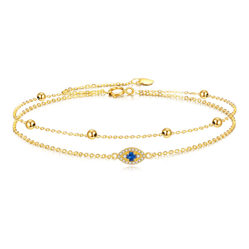 Mehrlagiger Fußkettchen aus 10-karätigem Gelbgold mit kreisförmigem Zirkonia-Stein und Motiv des Bösen Blicks-1