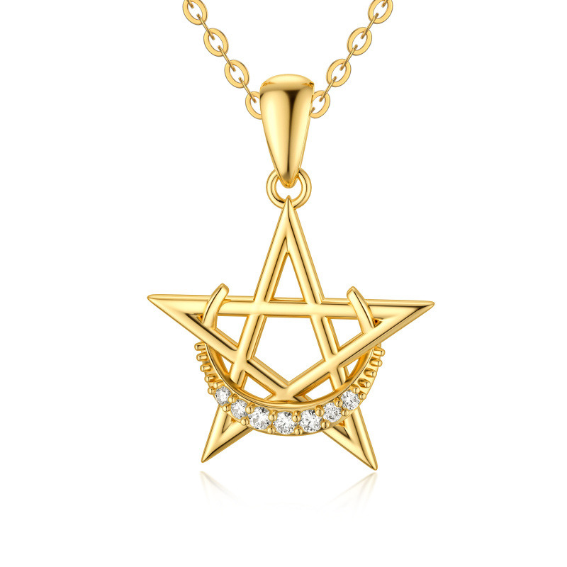 Collier pendentif lune et étoile en or jaune 14 carats avec zircon cubique circulaire-1