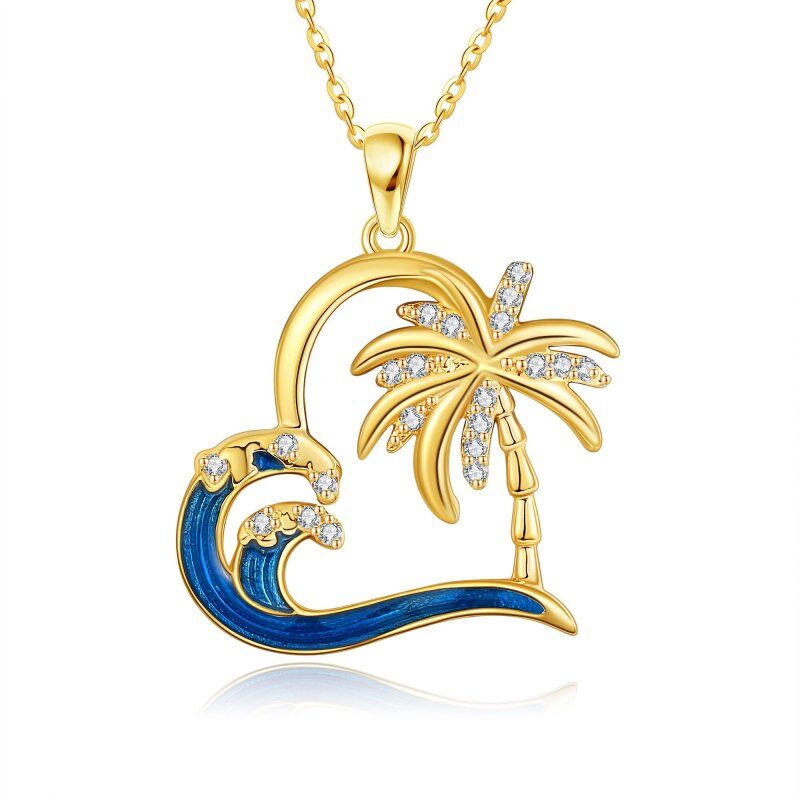 18K Yellow Gold Circular Cubic Zirconia Palm Tree With Spray Heart Pendant Necklace For Women-1