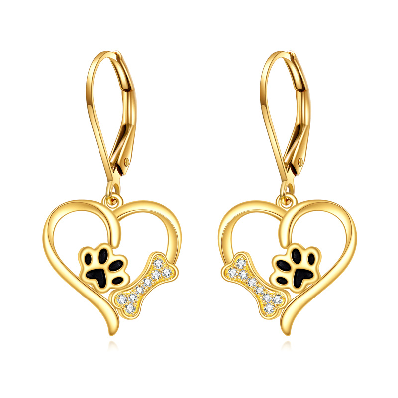 14K Yellow Gold Circular Cubic Zirconia Paw With Bone Heart Lever-Back Earrings For Women-1