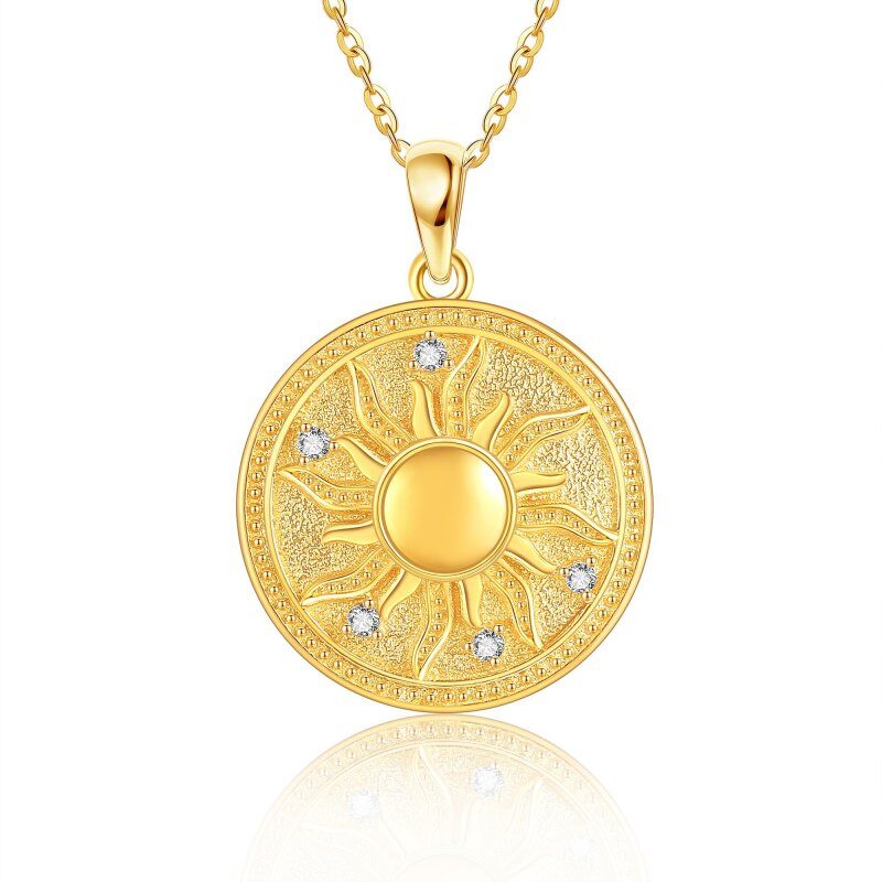 Halskette mit rundem Sonnen-Anhänger aus 18-karätigem Gelbgold mit Zirkonia-1