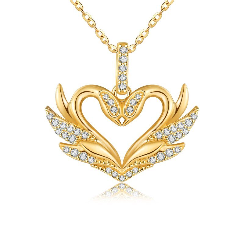 Collier pendentif cygne et cœur en or jaune 10 carats et moissanite circulaire-1