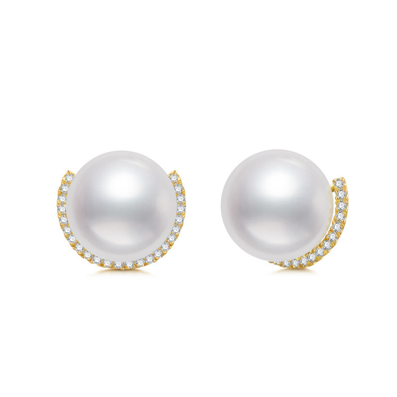 Boucles d'oreilles puces en or jaune 18 carats avec perles rondes-1