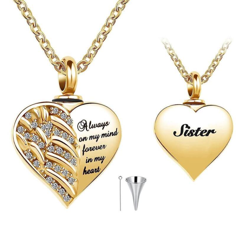 Collier urne funéraire en or jaune 14 carats avec aile d'ange et zircon cubique, gravure personnalisée en forme de cœur-1