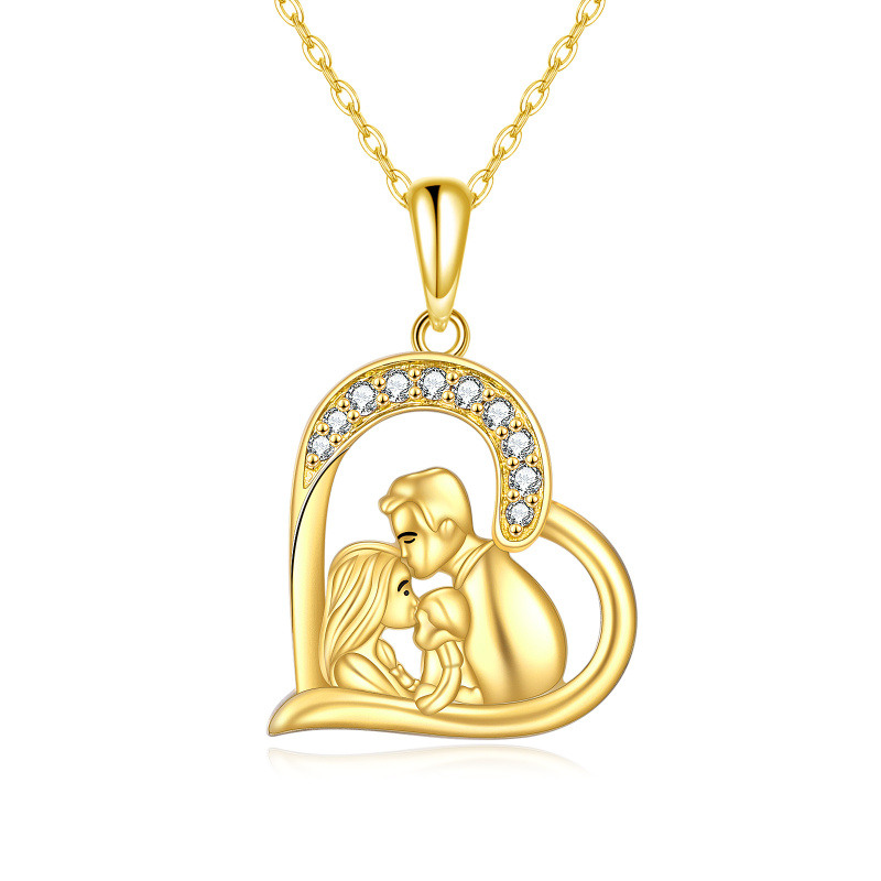 Collar con colgante de corazón de oro amarillo de 14 quilates con circonitas cúbicas, diseño de padres con hijos, para mujer-1