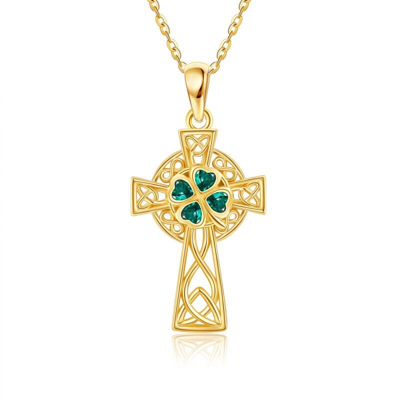 Collier pendentif en or jaune 18 carats avec cœur en émeraude, zircon cubique, nœud celtique et croix-1
