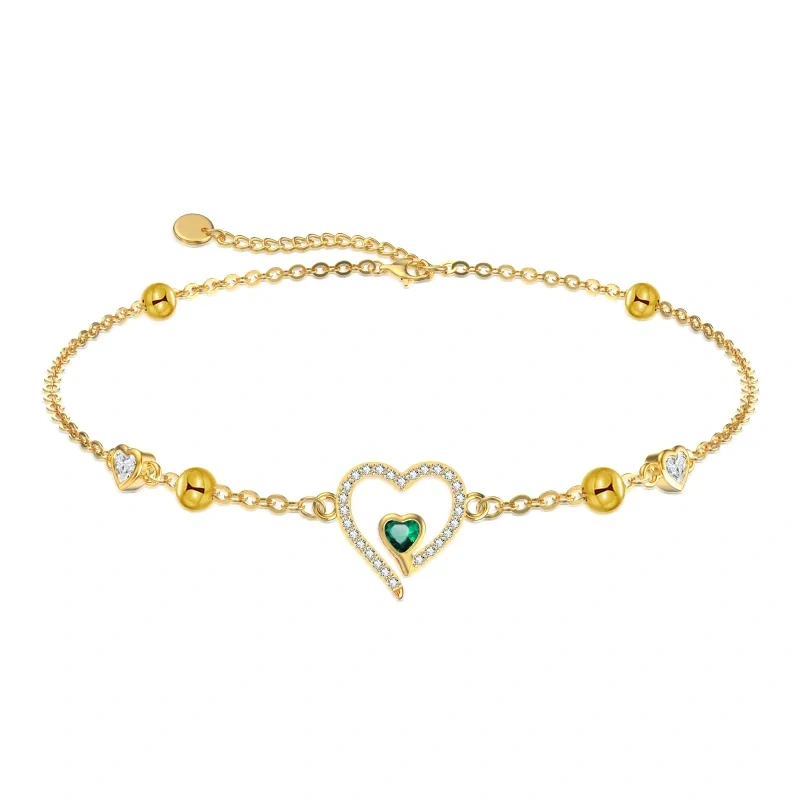 Pulsera de oro amarillo de 10 quilates con dije de corazón de esmeralda y circonita cúbica para mujer-1