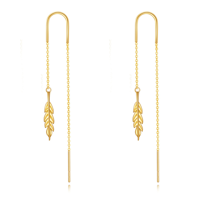 10K Yellow Gold Feather Pull Through Threader Drop Earrings-1