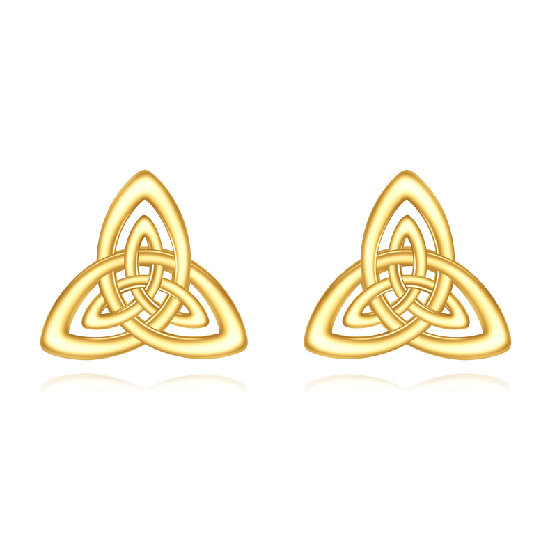 18K Yellow Gold Hollow Triangle Celtic Knot Stud Earrings-1