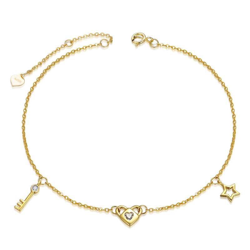 Bracelet à breloques en or jaune 10 carats avec pendentif cœur et clé concentrique en moissanite-1