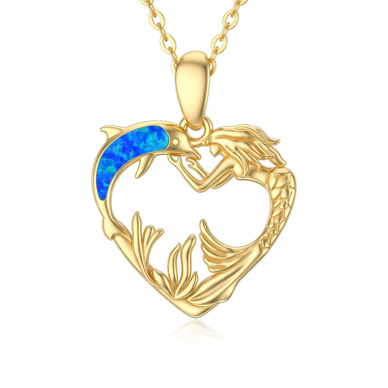 Collier pendentif dauphin en opale et cœur de sirène en or jaune 14 carats pour femme-1