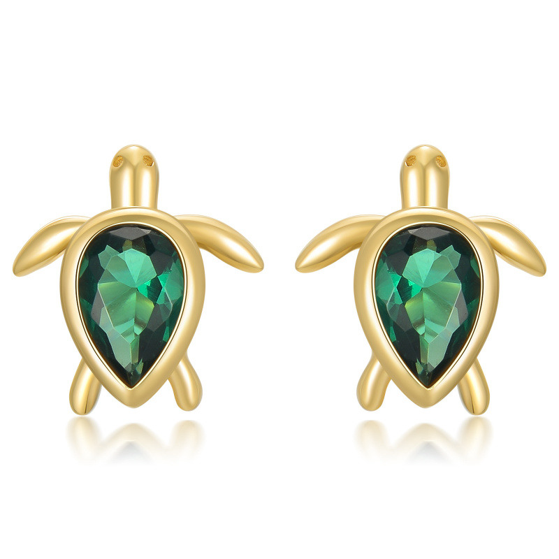 10K Yellow Gold Pear Emerald Cubic Zirconia Sea Turtle Stud Earrings-1