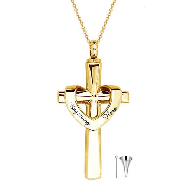 Collier funéraire en or jaune 18 carats avec urne funéraire personnalisée en forme de croix et de cœur, gravée sur les cendres-1