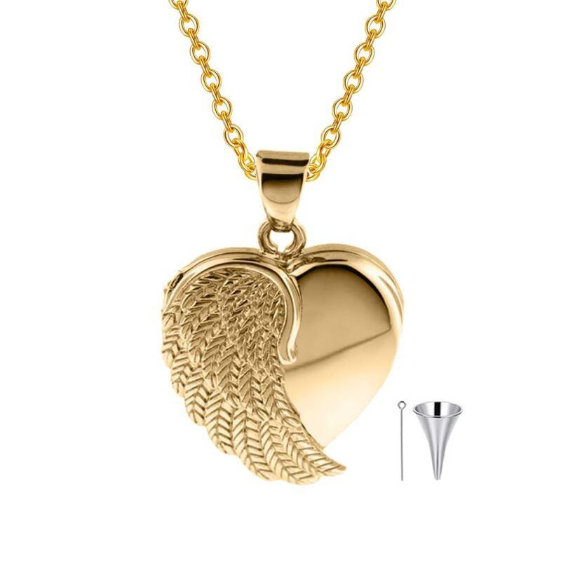 Collier urne funéraire en or jaune 10 carats avec gravure personnalisée et photo, en forme d'aile d'ange et de cœur, pour femme.-1