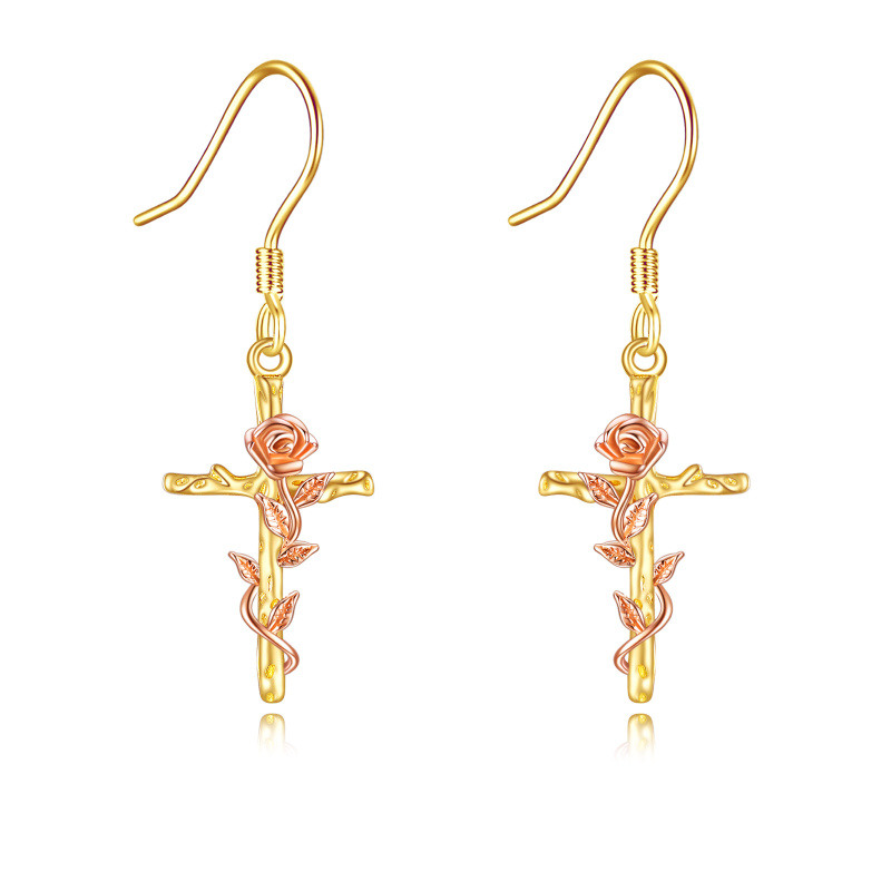 10K Yellow Gold Rose & Cross Drop Earrings-1