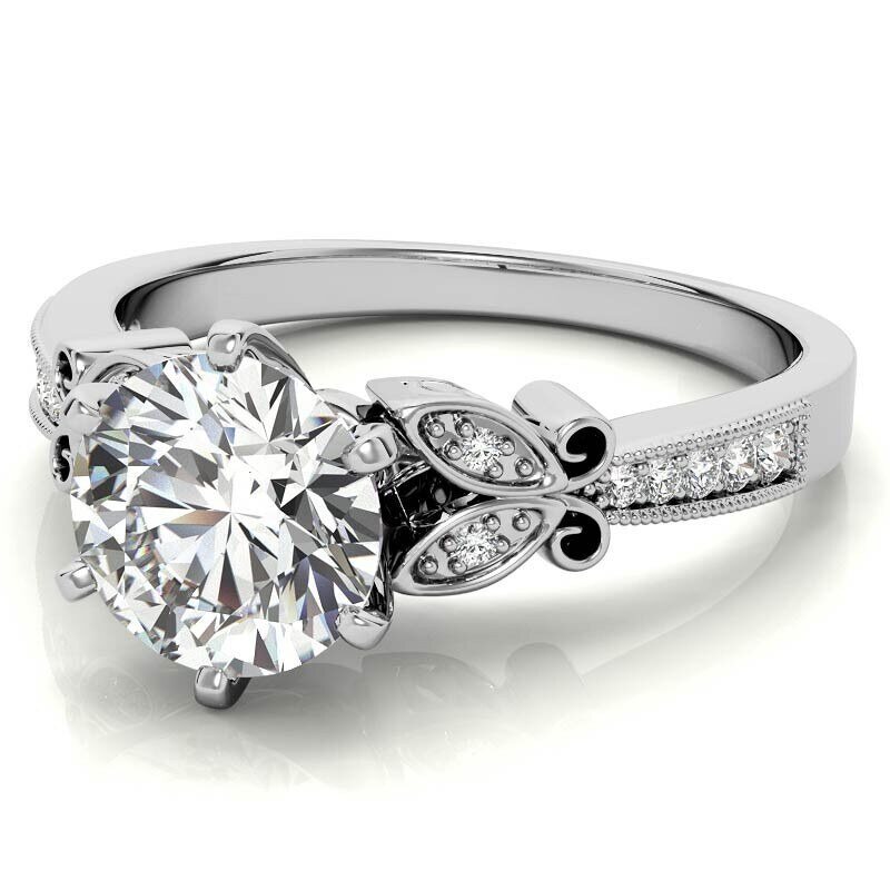 Bague de fiançailles personnalisée en or blanc 10 carats avec diamant rond de laboratoire, motif papillon inspiré de la nature-5