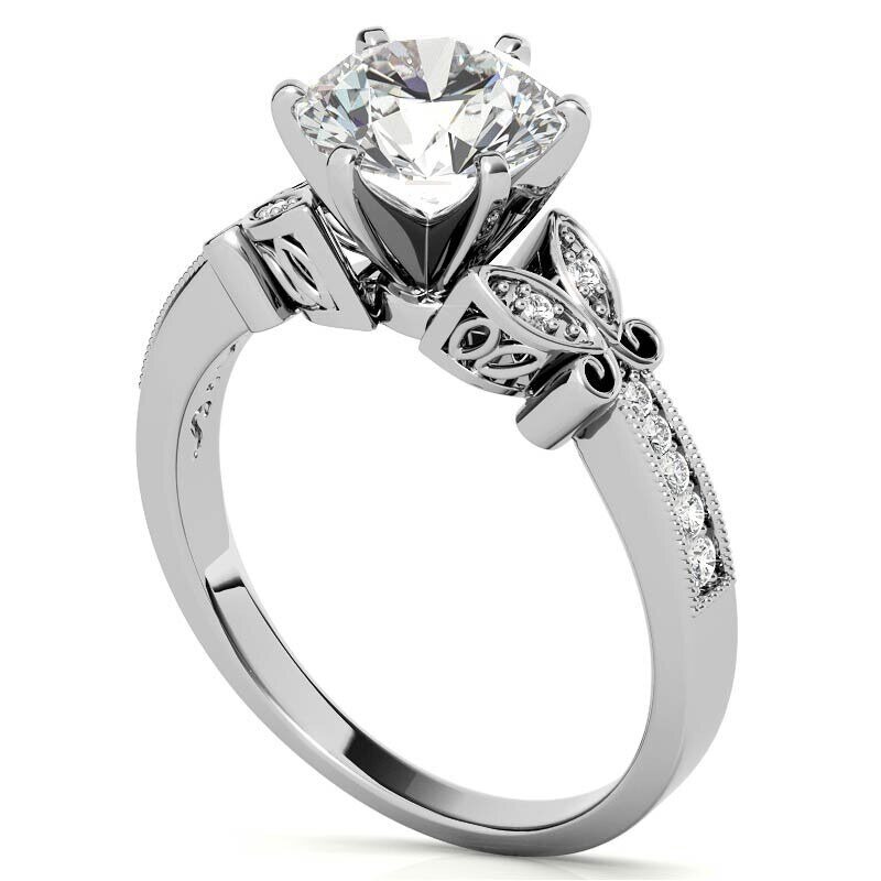 Bague de fiançailles personnalisée en or blanc 10 carats avec diamant rond de laboratoire, motif papillon inspiré de la nature-6