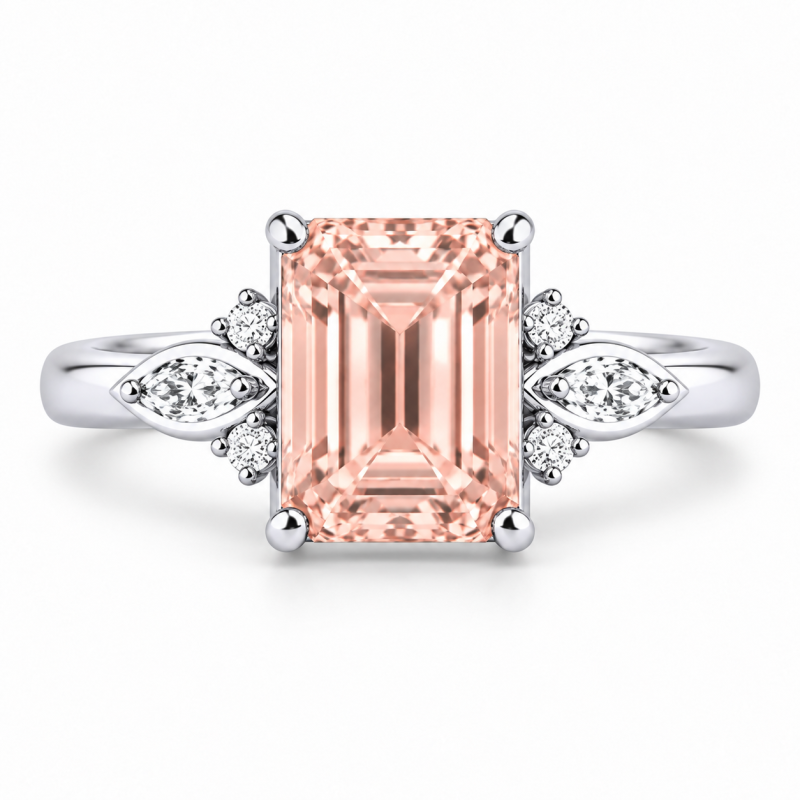 10K White Gold Emerald Cut Morganite & Lab-Grown Diamond Custom Sidestone Engagement Ring-10