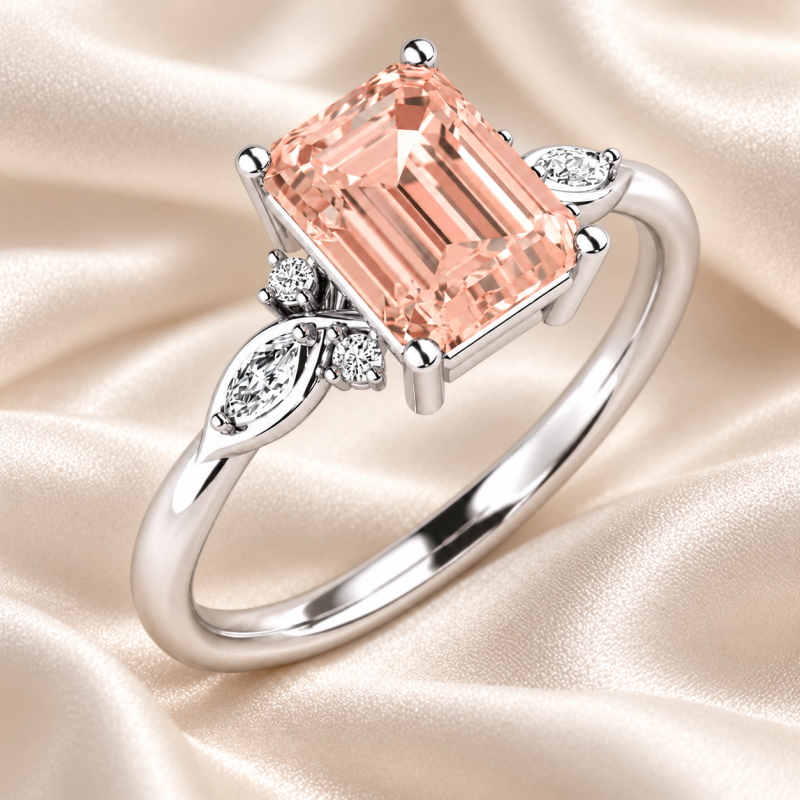 Anillo de compromiso de oro blanco de 14 quilates con morganita talla esmeralda y diamante cultivado en laboratorio con piedra lateral personalizada.-4