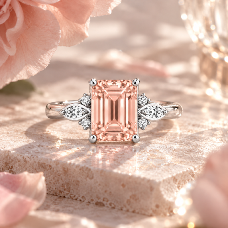 Anillo de compromiso de oro blanco de 14 quilates con morganita talla esmeralda y diamante cultivado en laboratorio con piedra lateral personalizada.-5