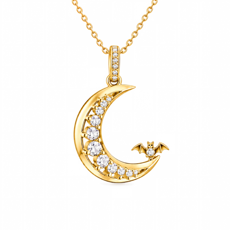 Collar con colgante de murciélago y luna de moissanita redonda tallada en oro de 14 quilates-2