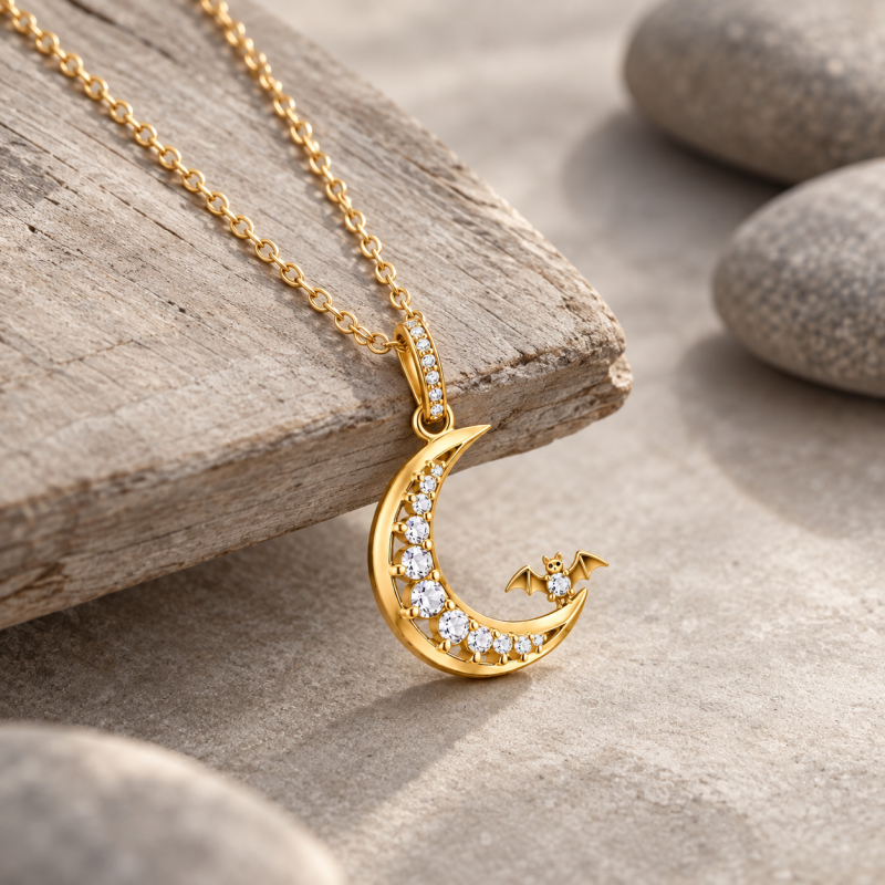 Collar con colgante de murciélago y luna de moissanita redonda tallada en oro de 14 quilates-5