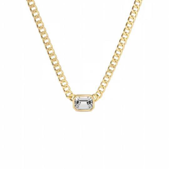 Collier en or 14 carats avec diamant de laboratoire taille émeraude de 0,2 carat, chaîne gourmette de 2 mm, longueur au choix de 16 à 30 pouces