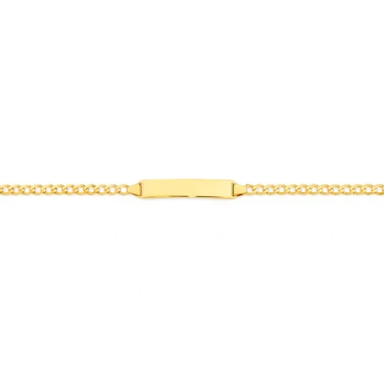Graveerbare identificatiearmband van 14 karaats goud met 2 mm schakelketting, verkrijgbaar in lengtes van 15 tot 23 cm.