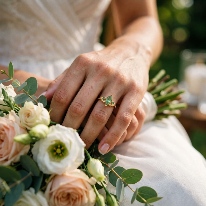 Verlobungsring aus 14-karätigem Gold mit im Marquise-Schliff geschliffenem, im Labor gezüchtetem Smaragd, individuellem Blätterdesign und von der Natur inspirierten Verzierungen-2