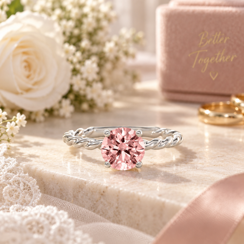 Anillo de compromiso solitario de morganita rosa de talla redonda en oro blanco de 10 quilates-4