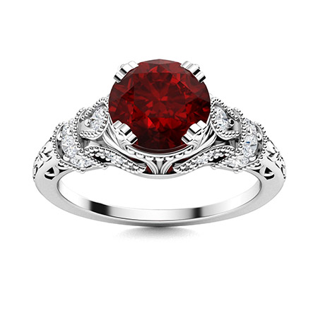 Vintage-Verlobungsring aus 14-karätigem Weißgold mit rundem Granat im Laborschliff und individuell gefertigtem, im Labor gezüchtetem Diamanten