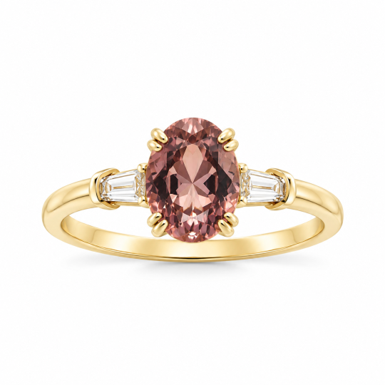 Verlobungsring aus 14-karätigem Gold mit ovalem Turmalin, im Labor gezüchteten Diamanten und individuell gestalteten Seitensteinen