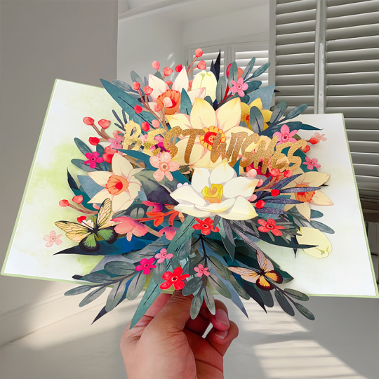 Carte de remerciement avec bouquet de fleurs en 3D