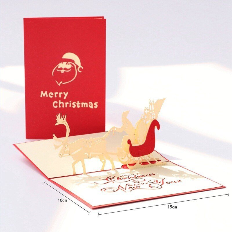Tarjeta navideña roja con carruaje de renos en 3D para familiares y amigos-2