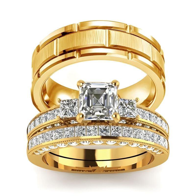14K Gold Asscher Cut Moissanite Couple Rings-14