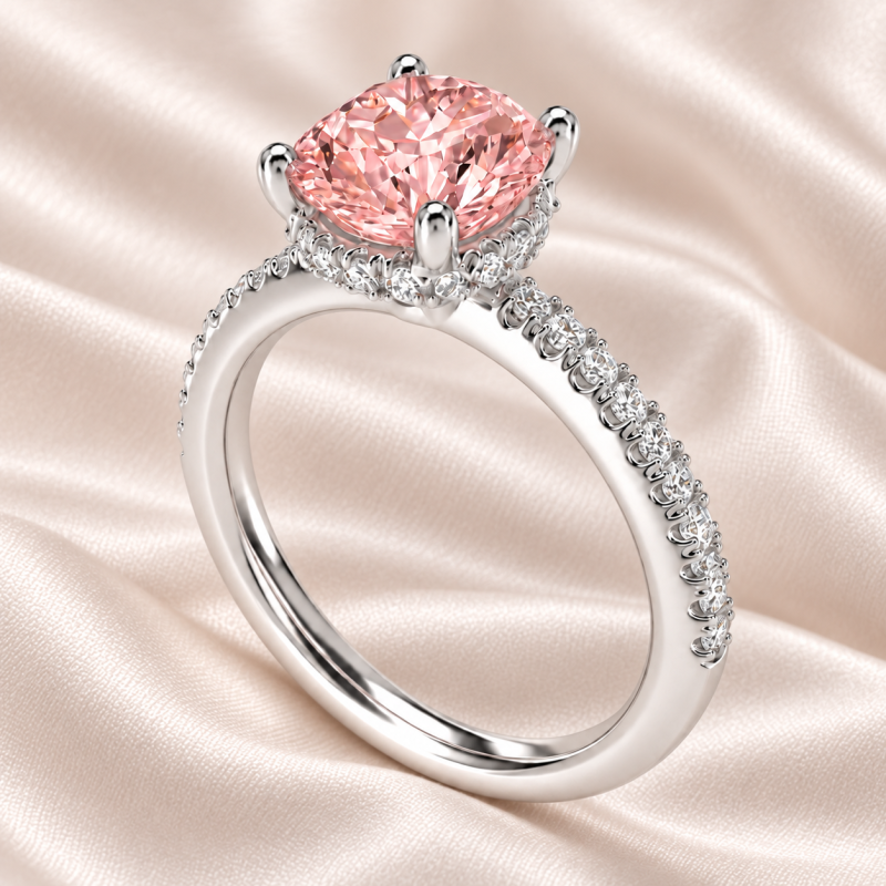 Anillo de compromiso personalizado con halo oculto, morganita redonda de oro blanco de 18 quilates y diamante cultivado en laboratorio.-3