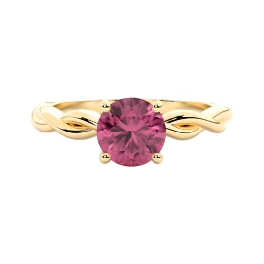 Verlobungsring aus 14-karätigem Gold mit rundem rosa Turmalin und gedrehtem Ringband