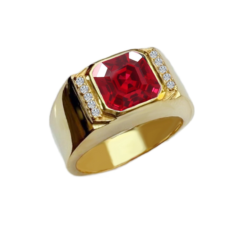 Bague pour homme en or 10K avec moissanite taille Asscher et saphir rouge-6