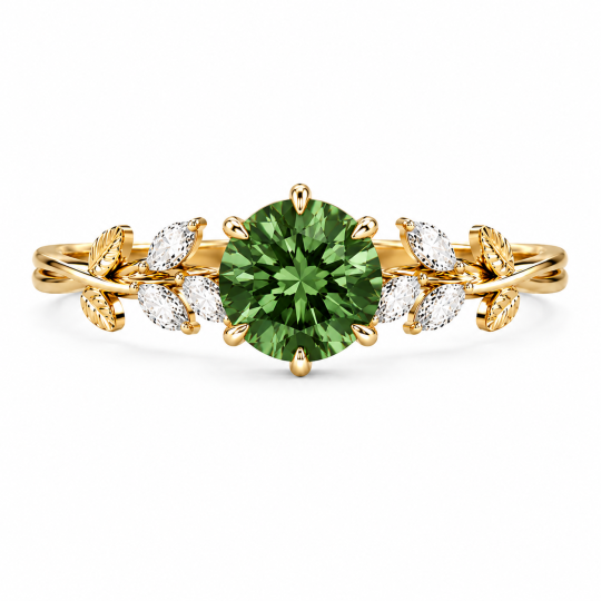 Anello di fidanzamento personalizzato ispirato all'edera, in argento sterling placcato oro giallo, con gemma rotonda da 1 a 6 carati.