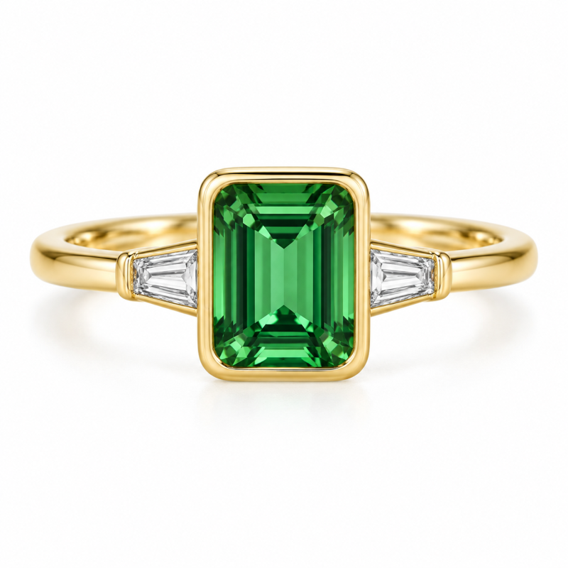 Anillo de compromiso personalizado de oro de 14 quilates con esmeralda, turmalina talla esmeralda y diamante cultivado en laboratorio.-7