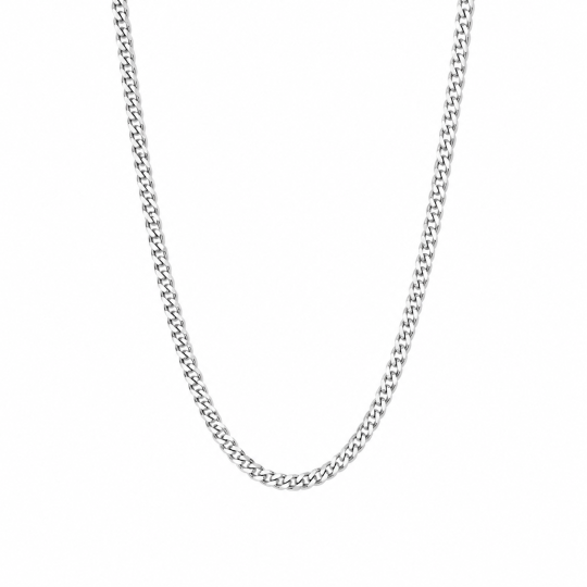 Collier en or blanc 14 carats, maille gourmette de 5 mm, longueurs disponibles de 16 à 30 pouces.