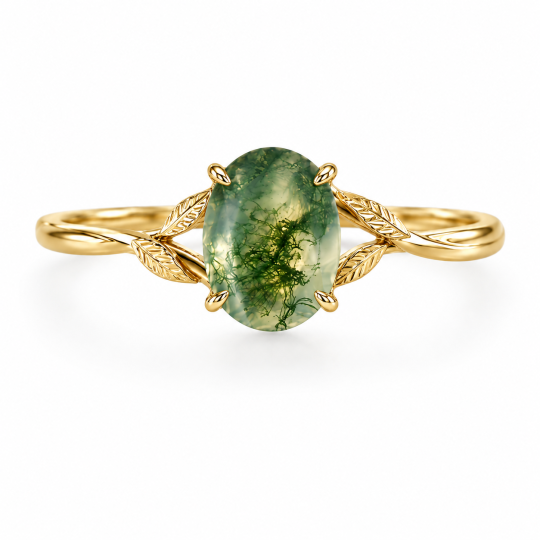 Anello di fidanzamento solitario a forma di foglia con agata muschiata ovale da 1 a 6 carati, in argento sterling placcato oro giallo, ispirato alla natura.