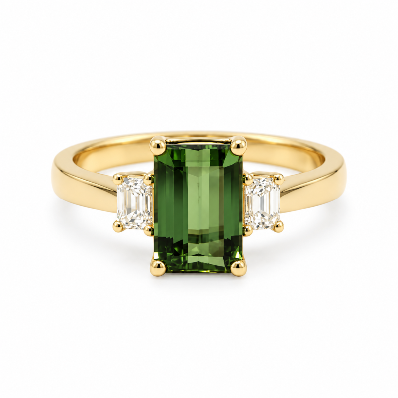 Anillo de compromiso personalizado de tres piedras con turmalina verde Maine talla esmeralda de oro de 14 quilates y diamante cultivado en laboratorio.-9
