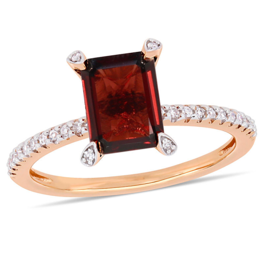 Individuell gefertigter Verlobungsring aus 14-karätigem Silber, Roségold, Smaragdschliff, Granat und im Labor gezüchteten Diamanten