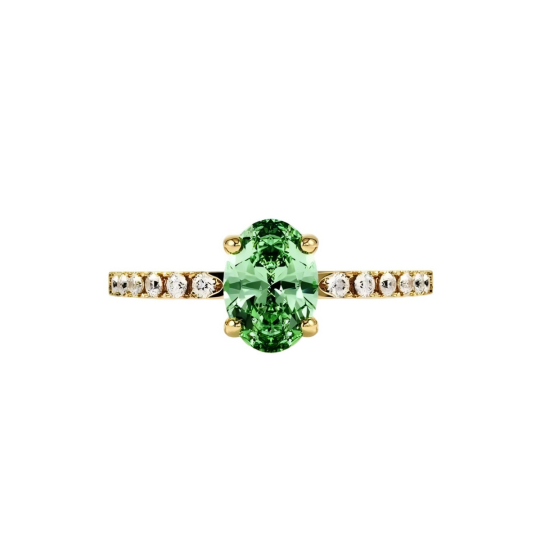 Verlobungsring aus 14-karätigem Gold mit ovalem Turmalin, im Labor gezüchteten Diamanten und individuell gestalteten Seitensteinen