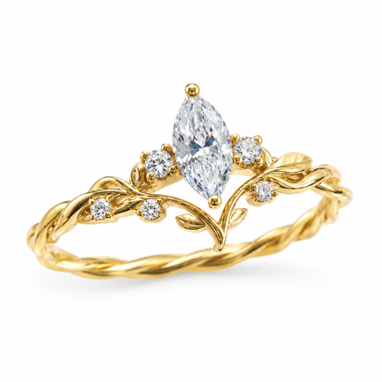 Anello di fidanzamento ispirato all'edera, in argento sterling placcato oro giallo, con moissanite taglio marquise da 1 a 6 carati.