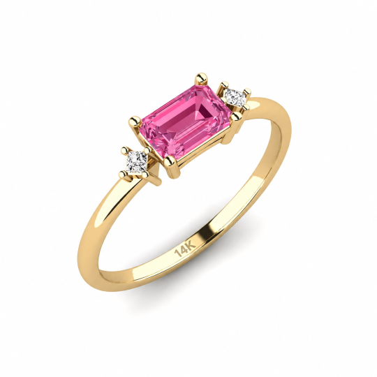 Verlobungsring aus 14-karätigem Gold mit smaragdgeschliffenem Turmalin, im Labor gezüchteten Diamanten und individueller Ost-West-Fassung