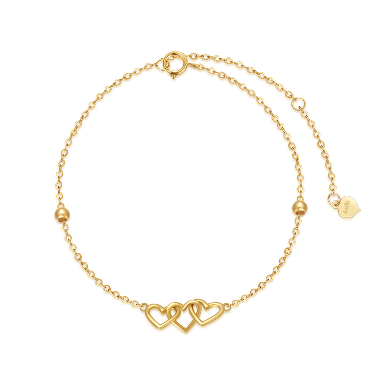 9K Yellow Gold Heart With Heart Bead Charm Bracelet For Women-1