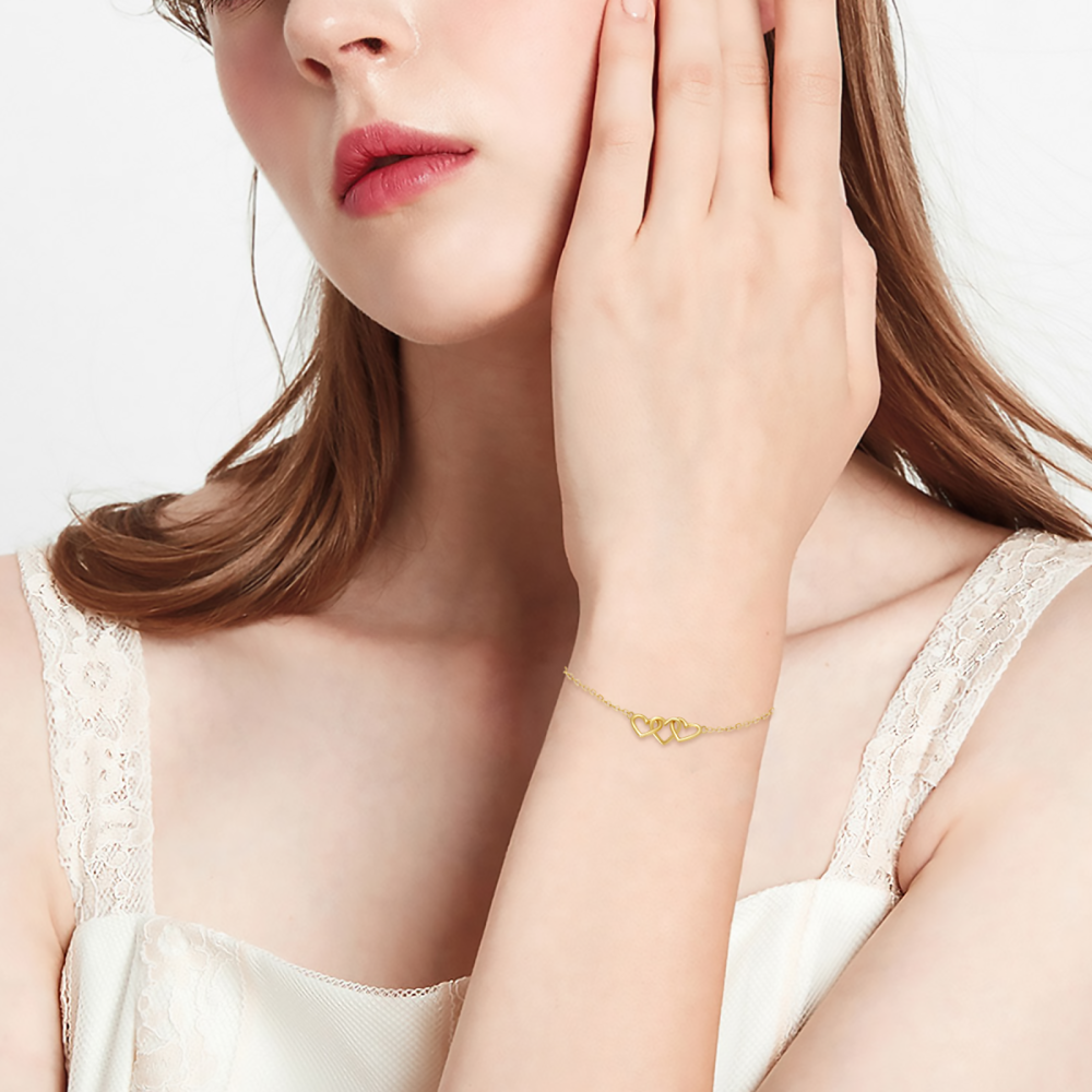 Coração de ouro amarelo 9K com pulseira de pingente de contas de coração para mulheres-2