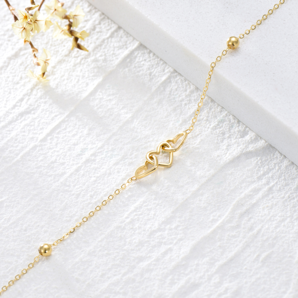 Coração de ouro amarelo 9K com pulseira de pingente de contas de coração para mulheres-5